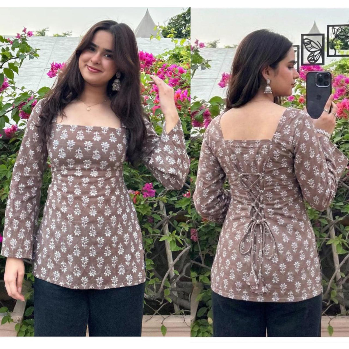 Brown Floral Printed Lace-Up Office Wear Top