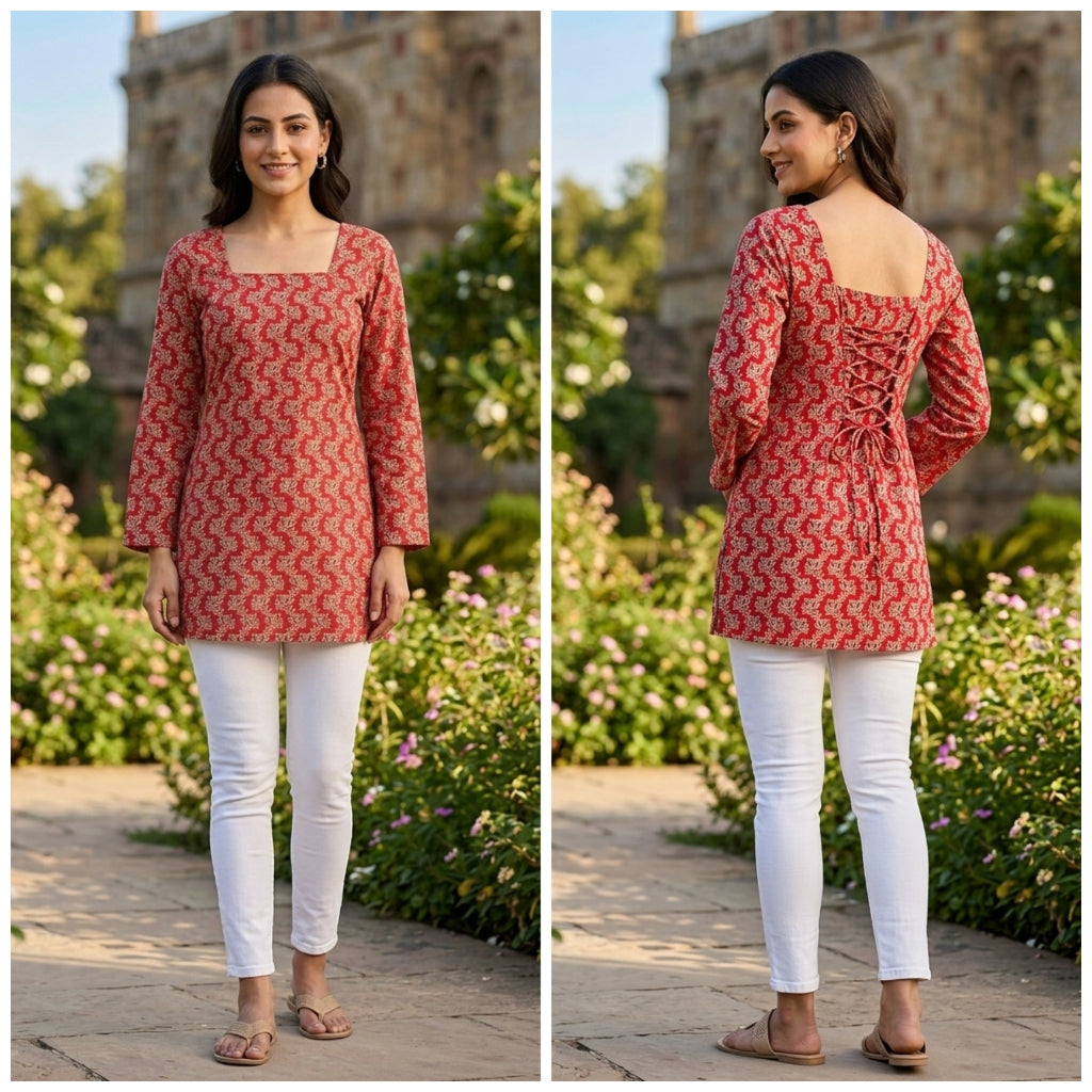 Red Printed Lace-Up Office Wear Top