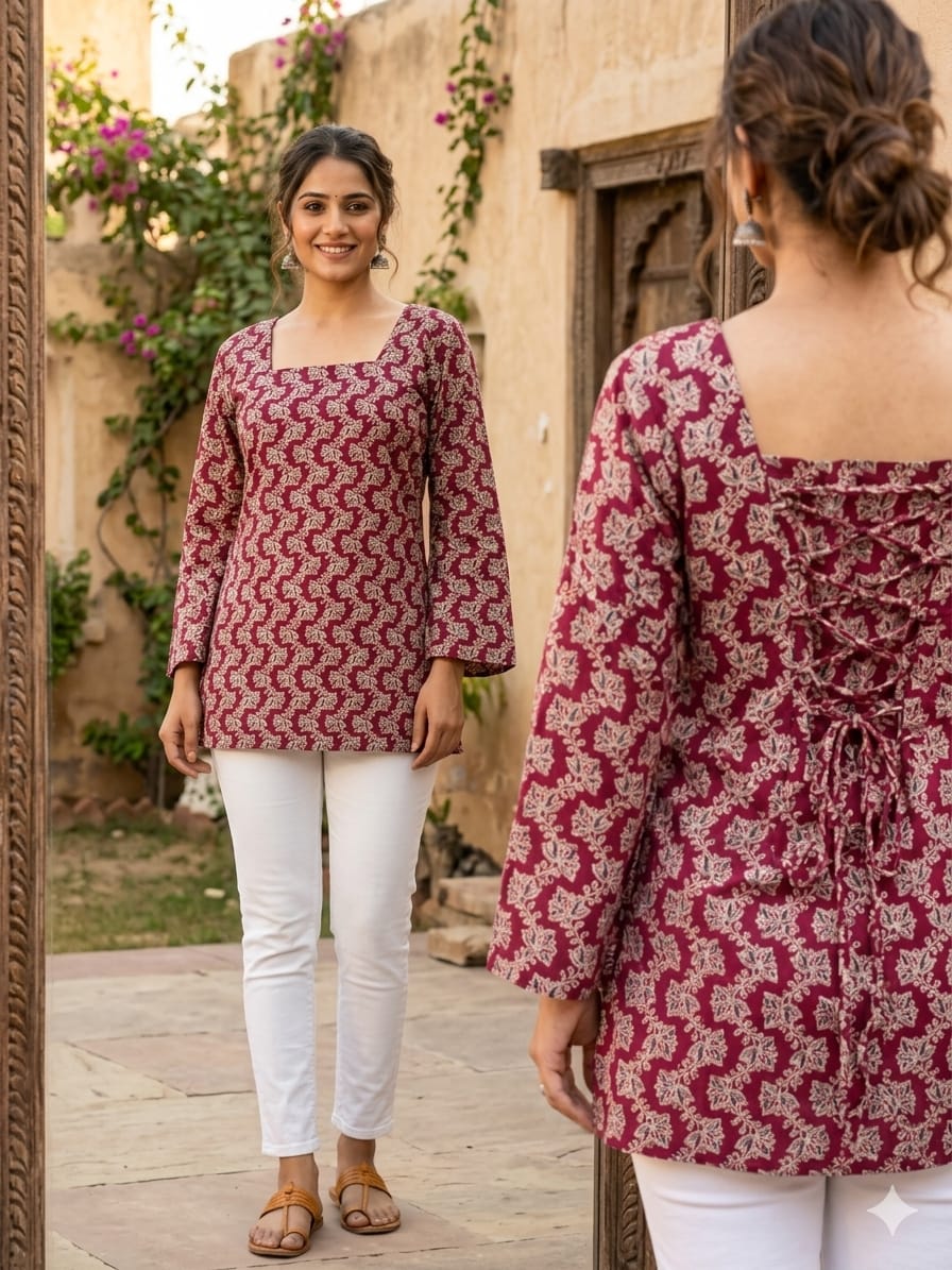 Red Printed Lace-Up Office Wear Top