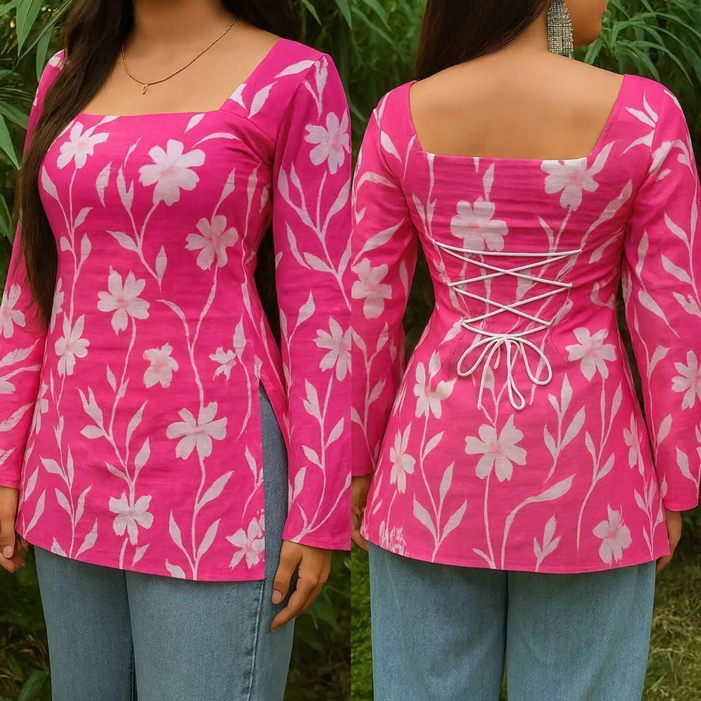 Pink Floral Printed Lace-Up Office Wear Top