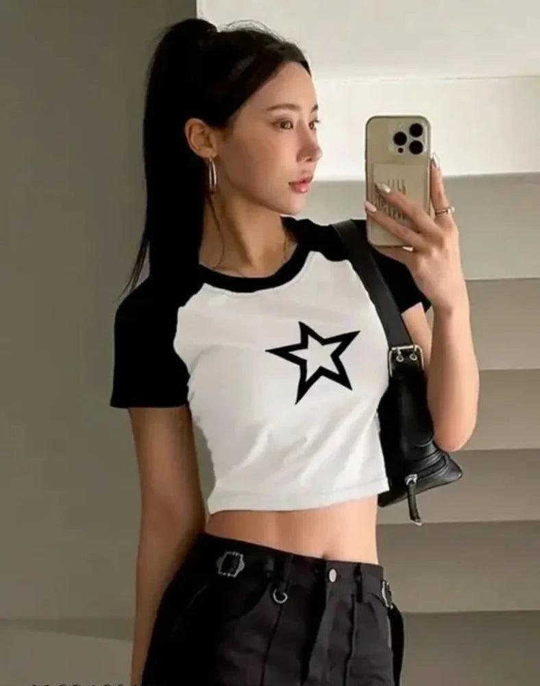 Women's White & Black Star Print Raglan Crop Top