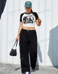 Women's White & Black Graphic Print Raglan Crop Top
