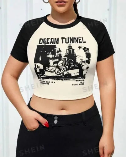 Women's White & Black Graphic Print Raglan Crop Top