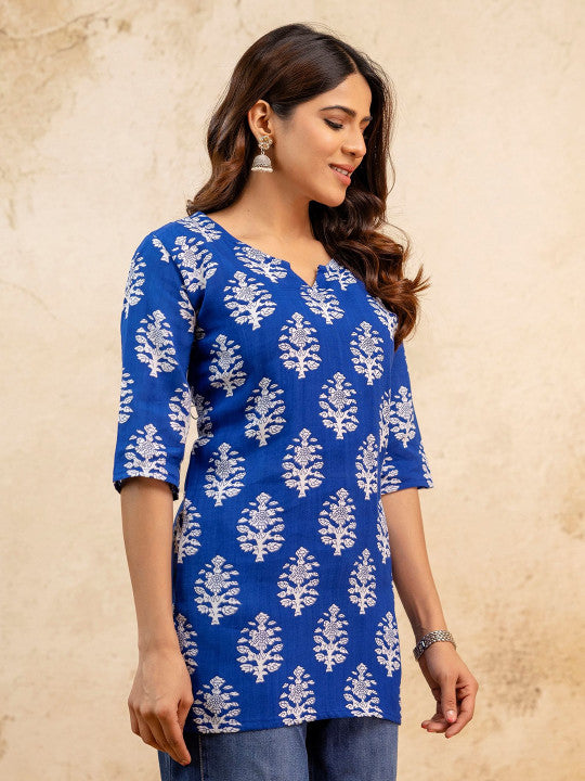 Women Girls Printed Rayon Short Kurta Blue(Royal Blue)